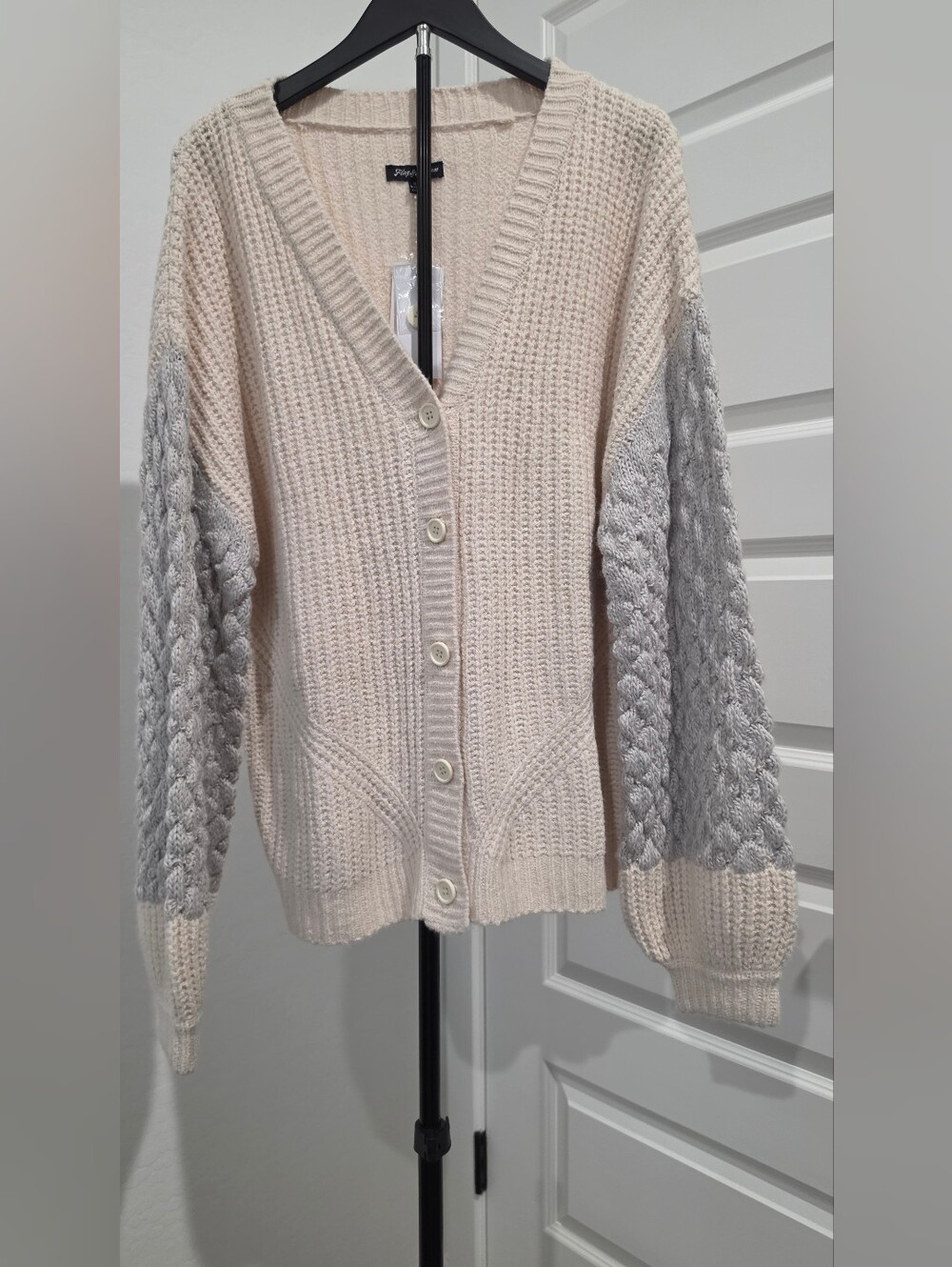 Cream Button-Front Cardigan with Light Gray Cable Sleeves